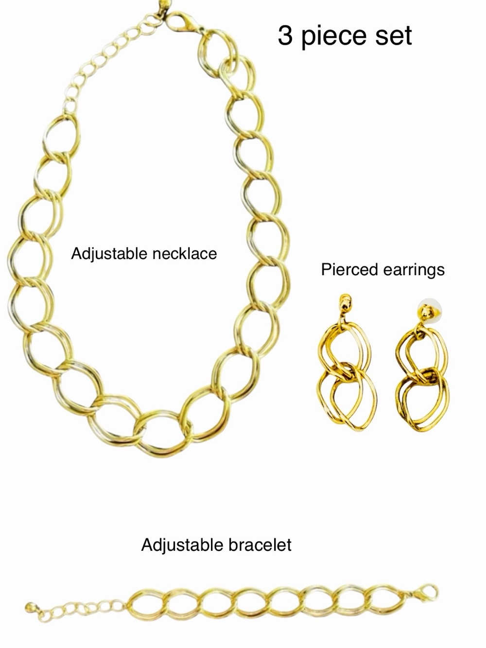 Gold Link Necklace, Bracelet & Earrings Set - Women Jewelry